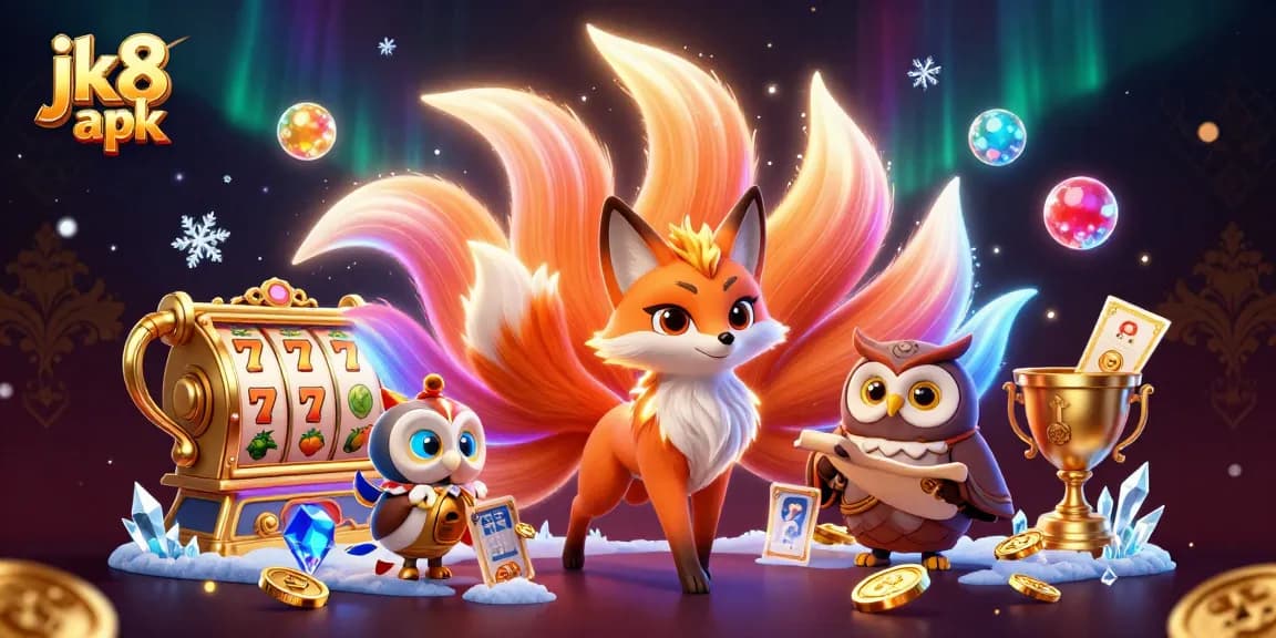 Experience the excitement of jk8 apk with a vibrant 3D casino illustration showcasing dynamic slot reels and enchanting characters.