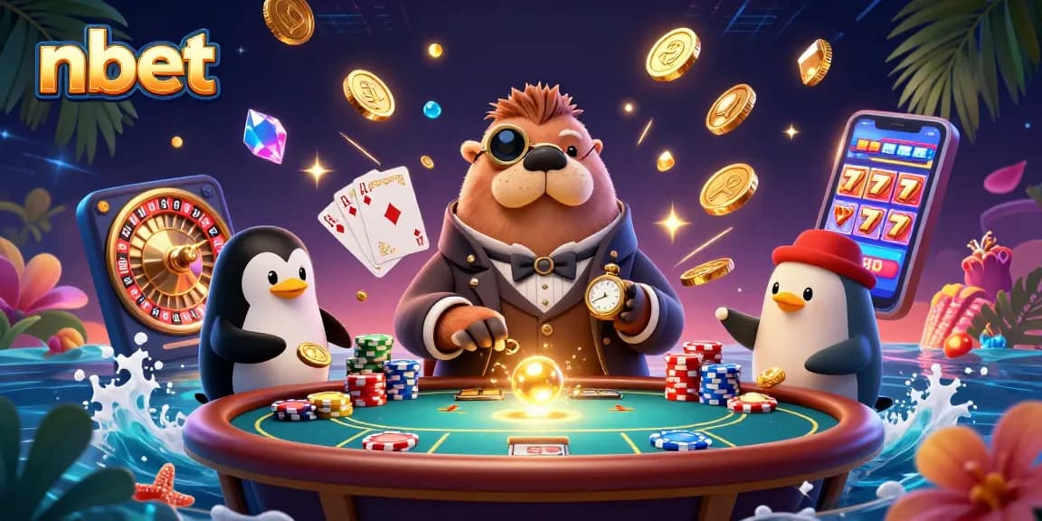 Bet on nbet with a vibrant underwater casino scene featuring a walrus, penguin dealer, and a bluffing pufferfish