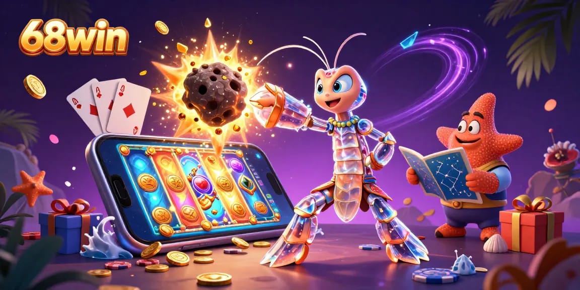 Experience the excitement of 68win with a samurai mantis shrimp conquering an asteroid, showcasing vibrant slot games.