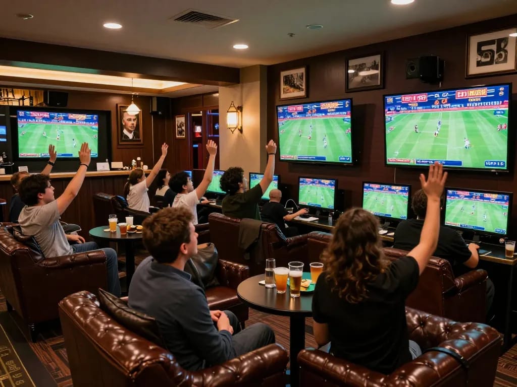 Watch thrilling action at Fun88 com’s vibrant sports betting lounge with excited fans cheering.