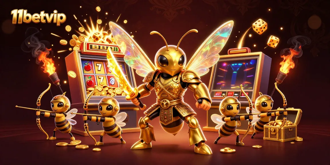Engage in thrilling 11betvip casino action with vibrant characters, slot machine jackpots, and golden treasures.