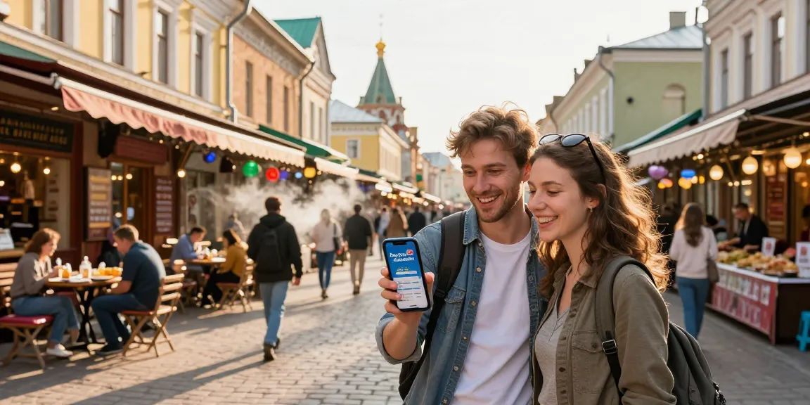 Een reiziger bekijkt de PayInRussia-app terwijl hij door een levendige Russische straat loopt.