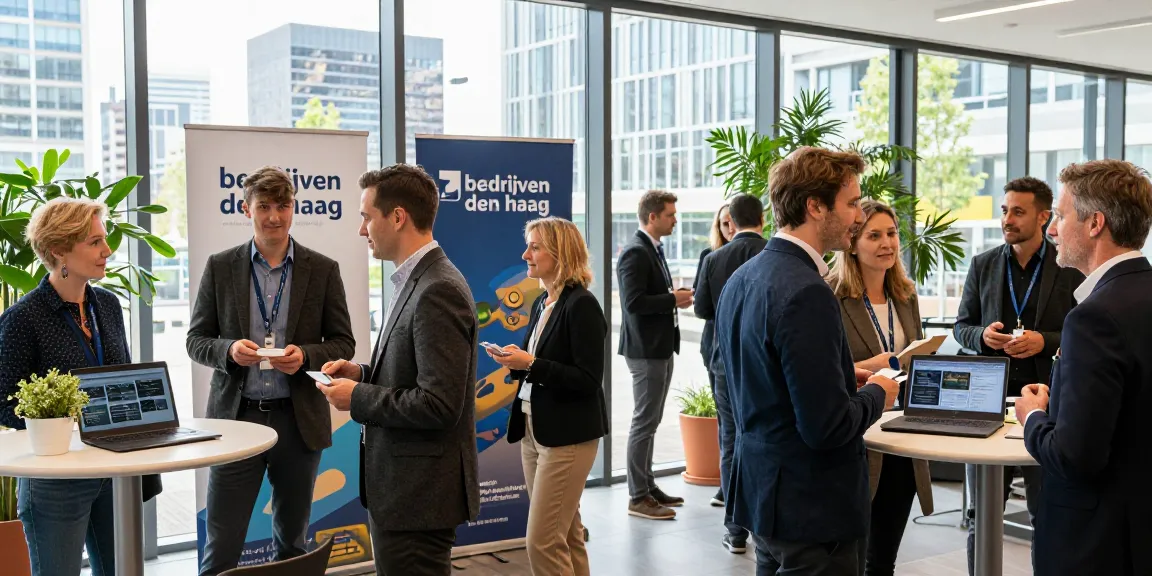 Networking professionals discussing bedrijven den haag at urban event