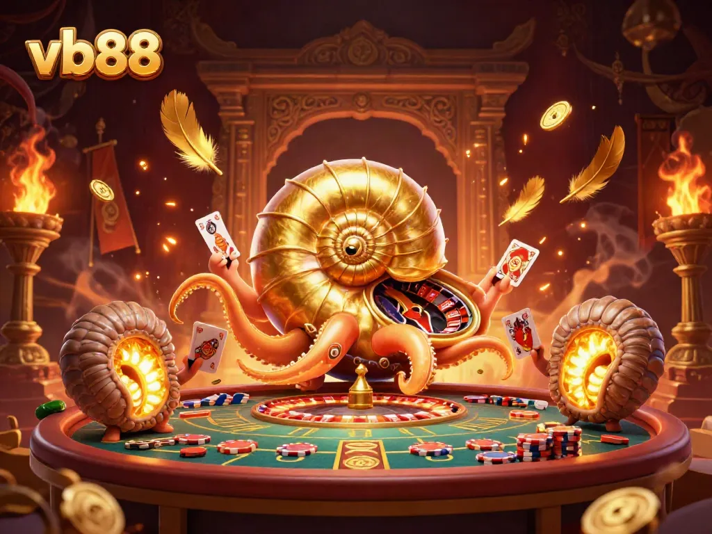 Experience excitement with vb88's giant nautilus and golden roulette wheel, surrounded by rich casino elements.