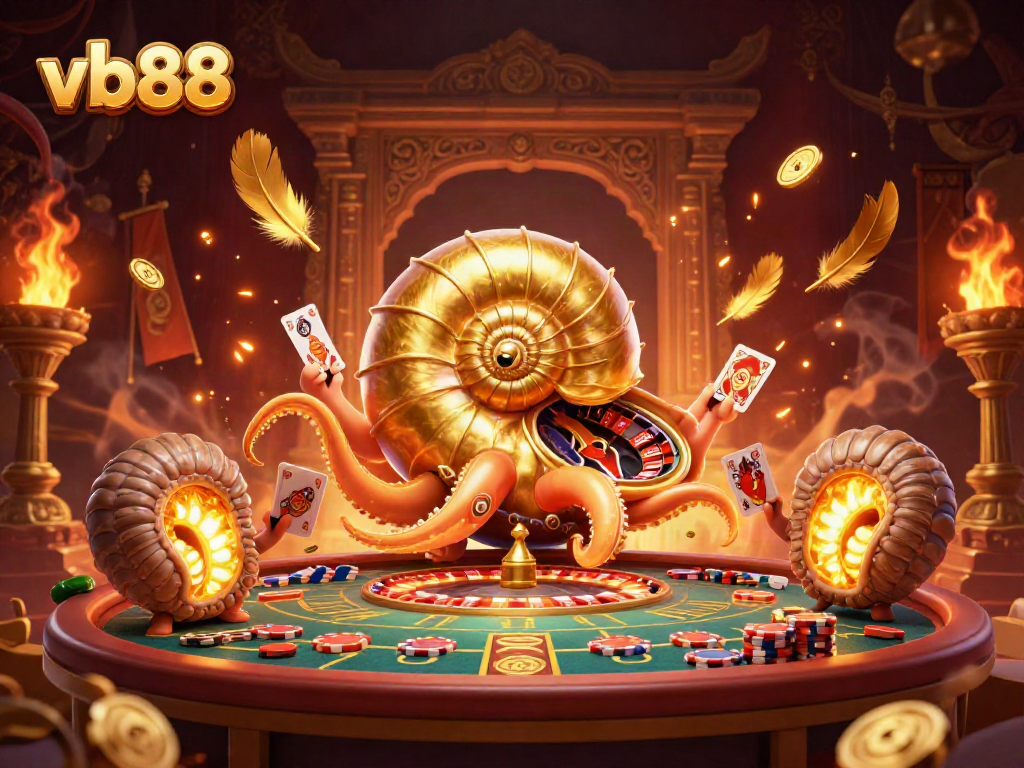 Experience excitement with vb88's giant nautilus and golden roulette wheel, surrounded by rich casino elements.
