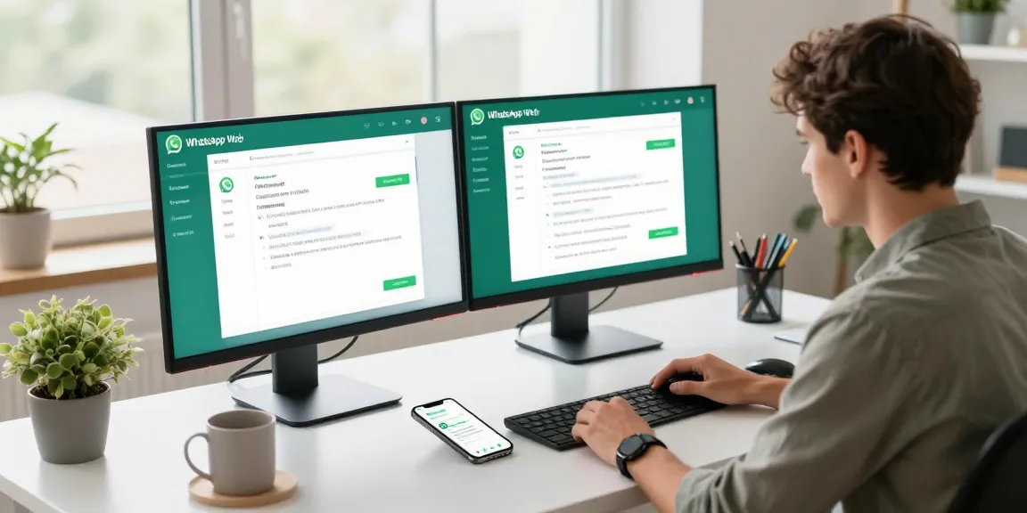 Engaged user navigating WhatsApp網頁版 on dual monitors in a modern office.