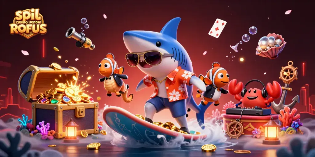 Engage in spil casino uden om ROFUS with vibrant 3D characters and dynamic gambling elements.