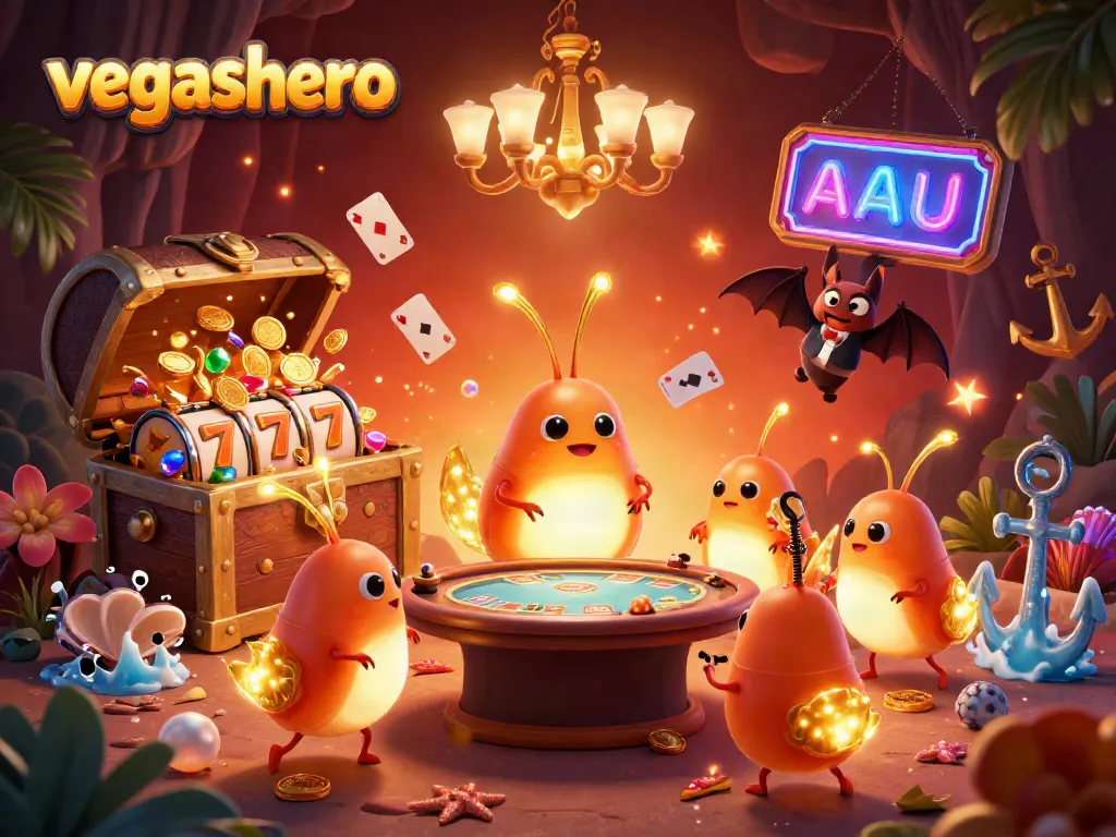 Experience the thrill at VegasHero Casino with glowing elements and high-stakes games in this stunning illustration.