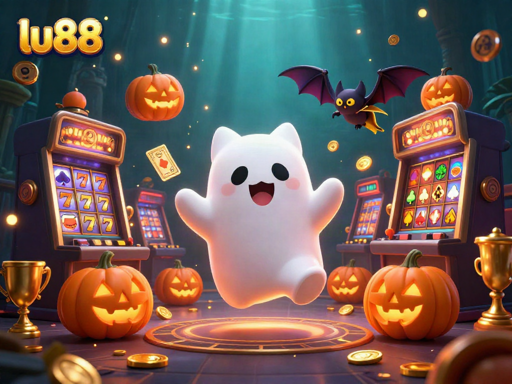 Game with LU88: a friendly ghost cat and bat in a haunted casino surrounded by slot games and tokens.