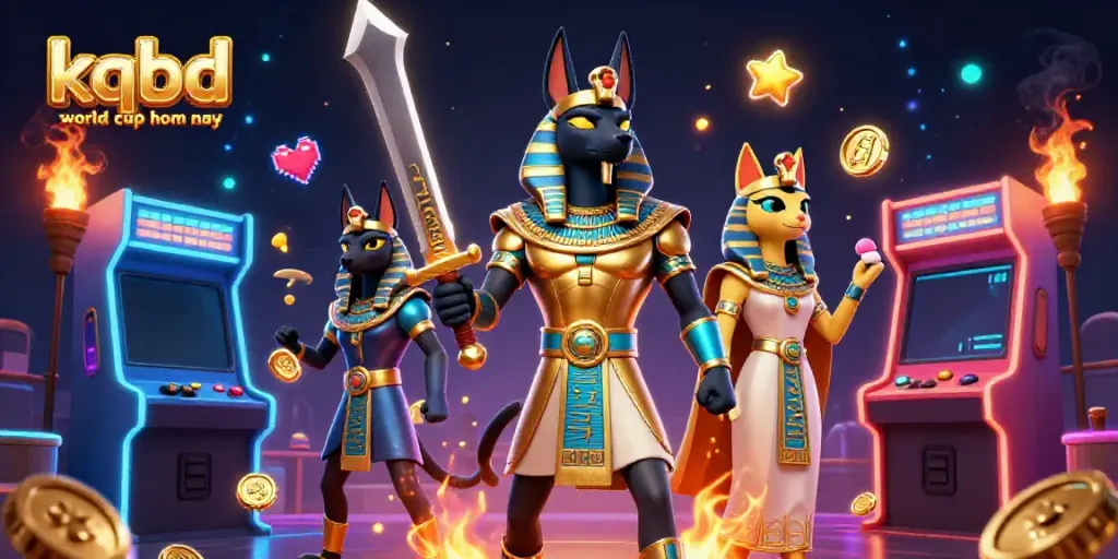 Experience kqbd world cup hom nay with 3D Anubis and Bastet amidst vibrant gaming elements.