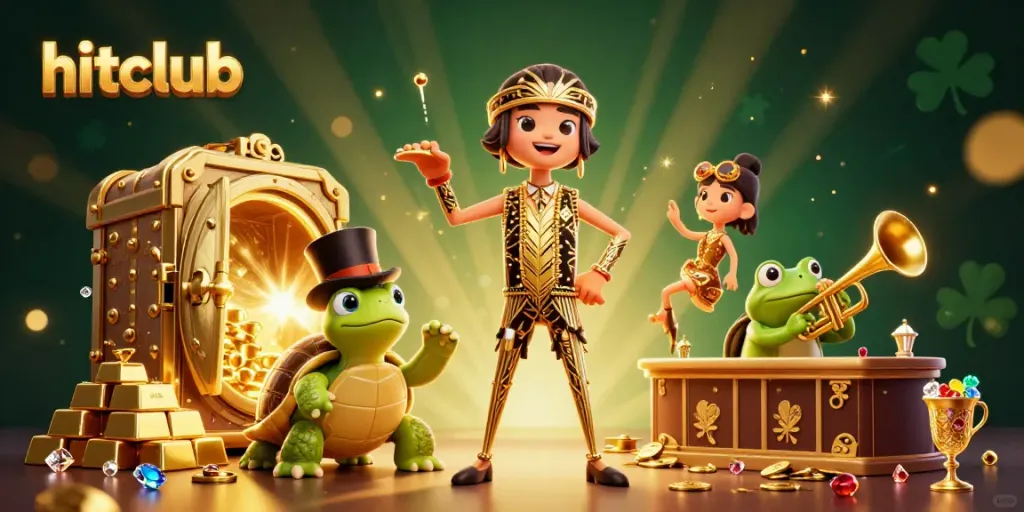 Players experience hitclub's thrilling gaming with delightful characters and bursting treasures in a vibrant setting