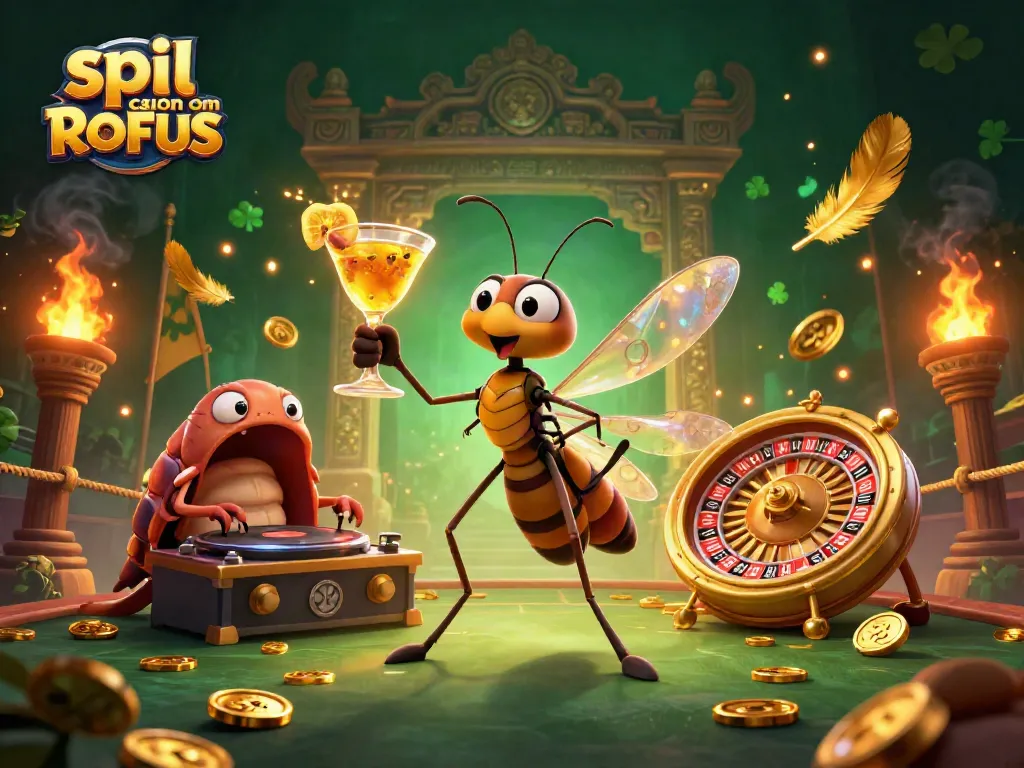 Engage in thrilling gaming at spil casino uden om ROFUS with vibrant characters and golden elements.