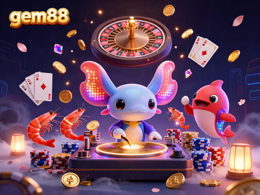 Experience vibrant gaming action at gem88 with a neon-colored DJ and lively underwater party.