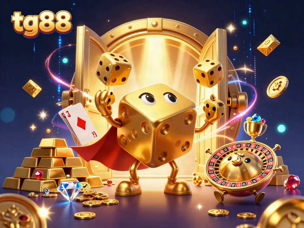 Experience the thrill of tg88 with a dice golem and treasure in this vibrant casino-themed illustration.