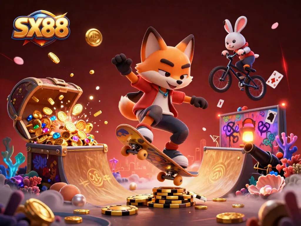 SX88 showcases a dynamic 3D scene of a skateboarder fox and BMX-riding rabbit, engaging with vibrant casino symbols.