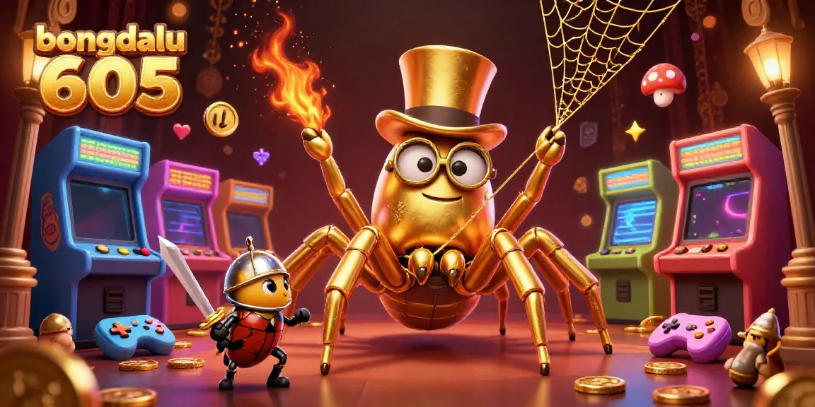 Engaging scene featuring bongdalu 605 with a golden spider and beetle knight amidst colorful game machines.