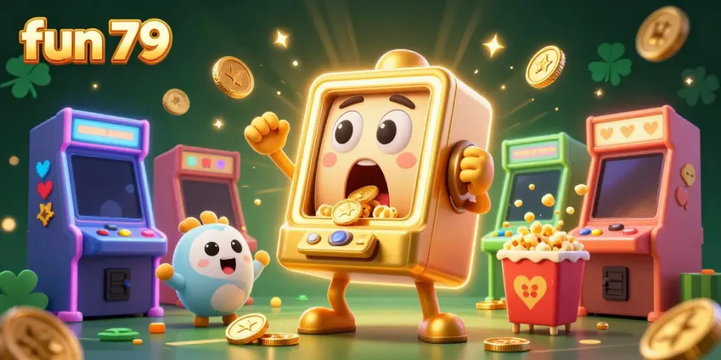 Fun 79 slot machine cartoon hits the jackpot with coins pouring out during a lively gaming scene, emphasizing casino excitement.