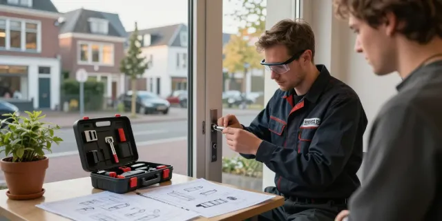 Slot repareren Arnhem door professionele slotenmaker in actie met klant en gereedschap.