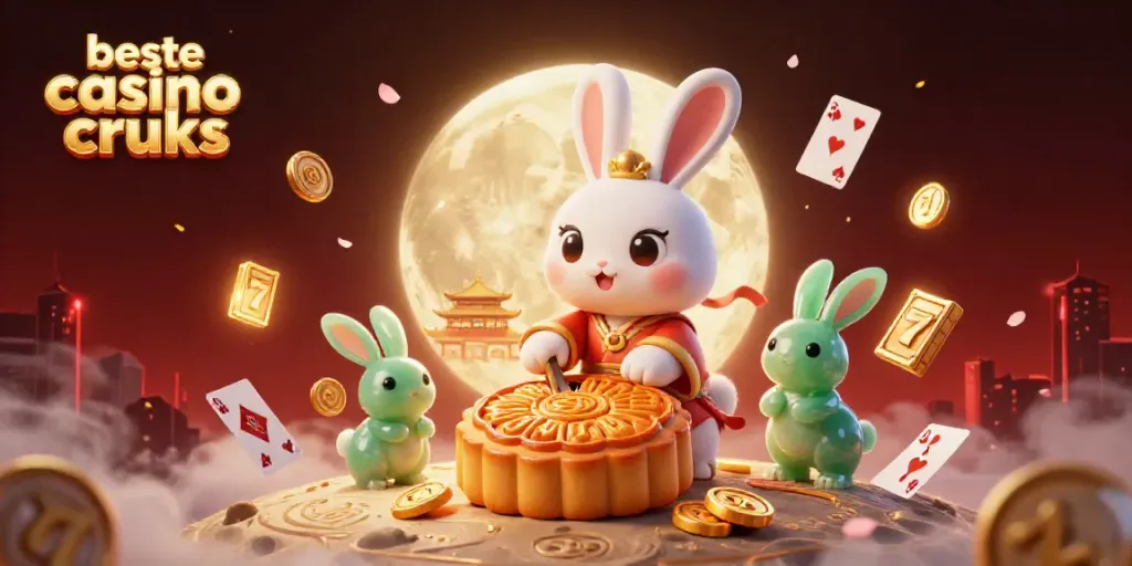 Engage in the vibrant scene of beste casino zonder cruks with a moon rabbit revealing poker chips, amidst dazzling casino elements.