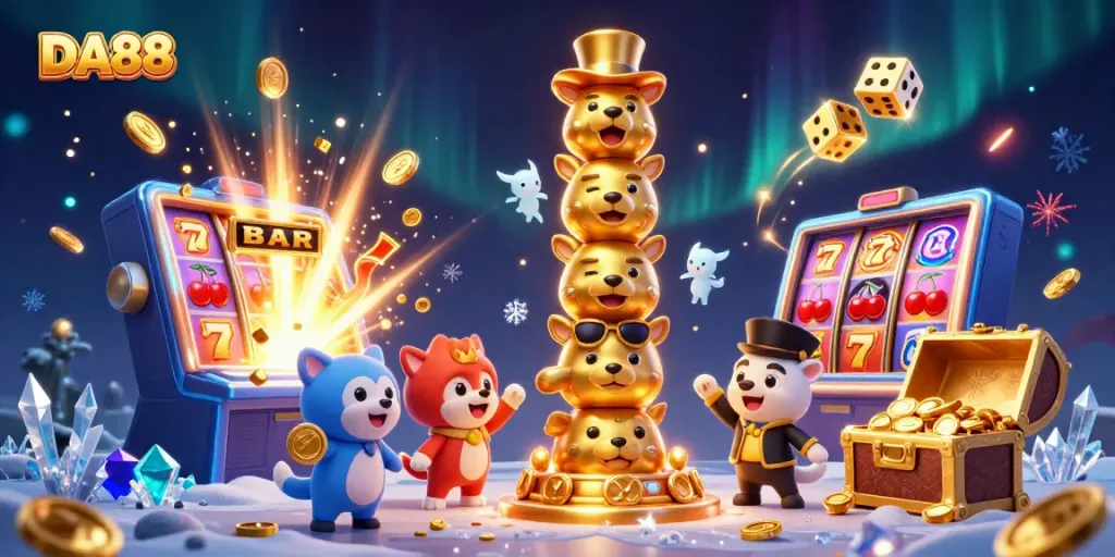 Spin the reels with DA88 as cartoon totem characters celebrate a vibrant jackpot explosion.