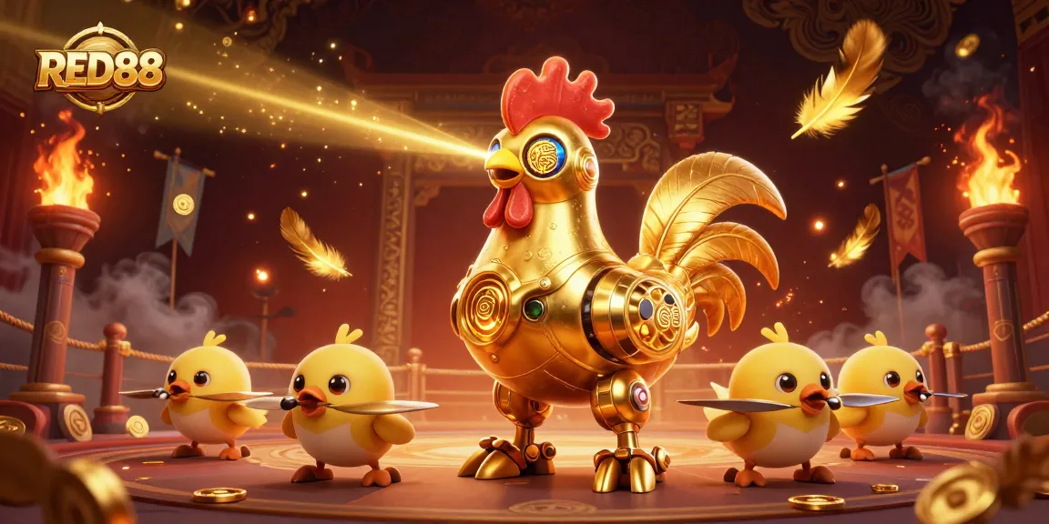Engage in thrilling gameplay with RED88, featuring a golden rooster robot and baby chick drones in a vibrant casino scene.