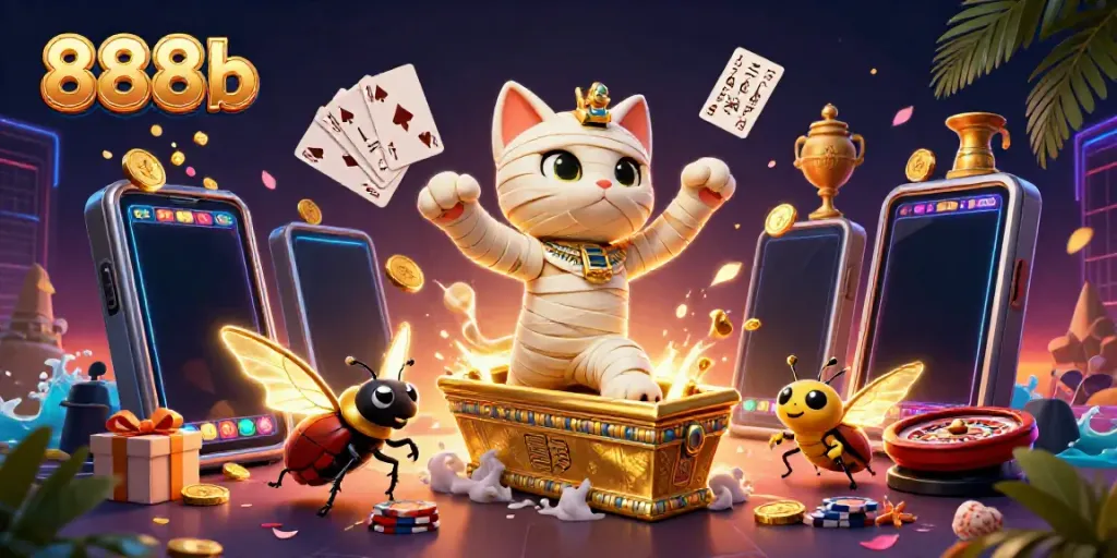 Experience vibrant gaming action with 888b, as a mummy cat bursts into a colorful casino.