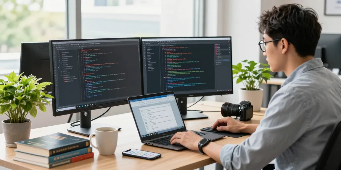 Download WPS Office in a modern workspace, showcasing dual monitors and a vibrant tech atmosphere.