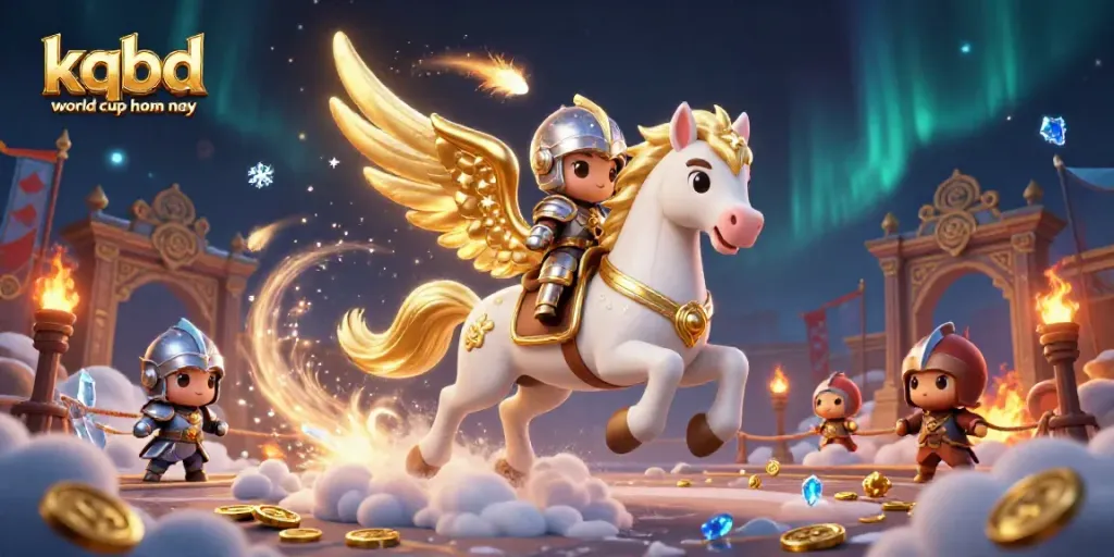 Engage with kqbd world cup hom nay, an illustrated depiction of a knight riding a celestial horse amidst vibrant casino-themed elements.