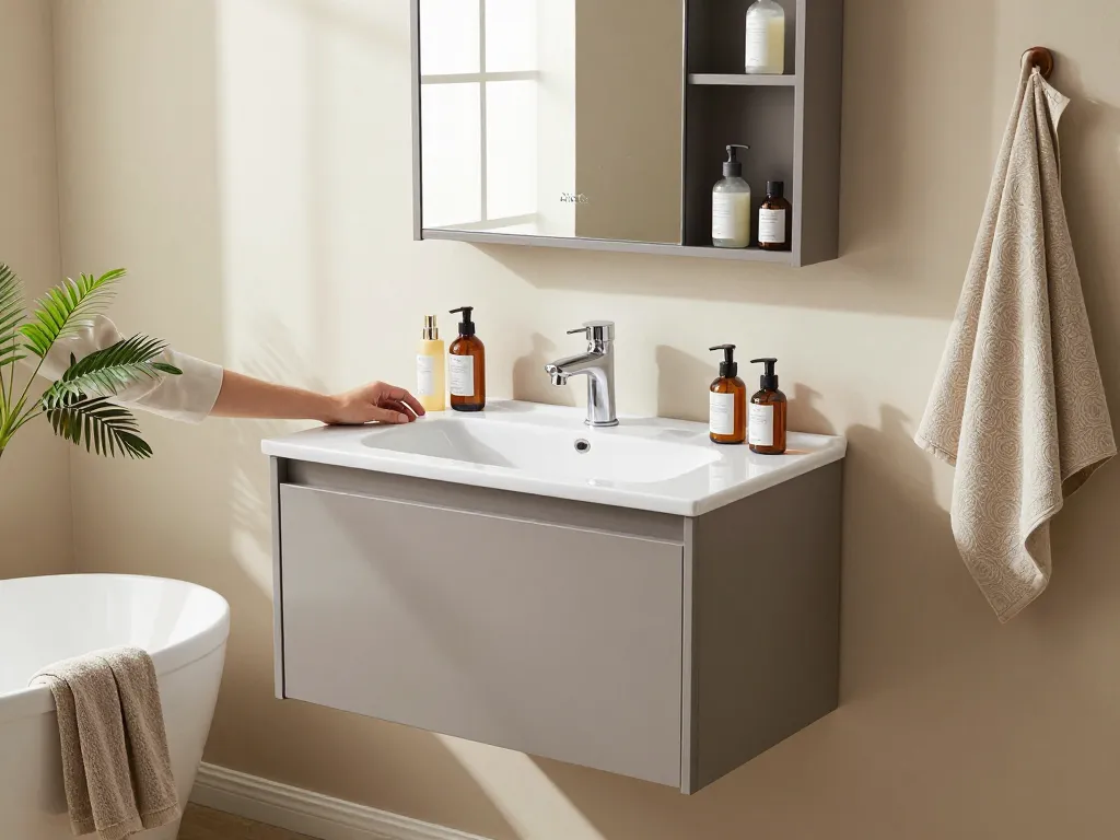 Vixx Badkamers ondiep badkamermeubilair in een moderne, georganiseerde setting met elegante decoratie.