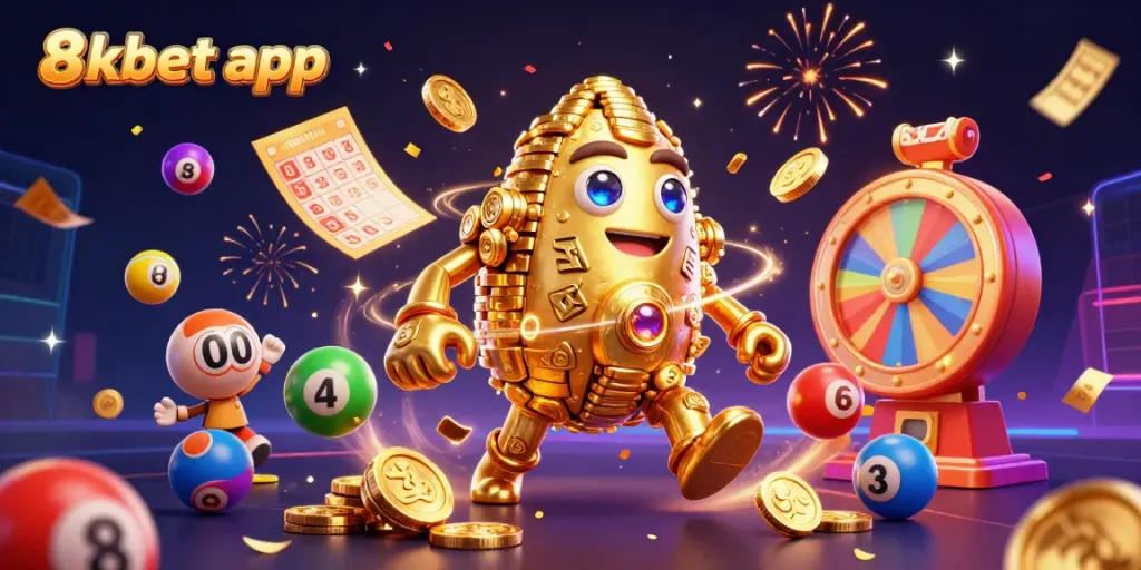 Experience the thrill of gaming with the 8xbet app, showcasing vibrant lottery elements and a golden golem icon.