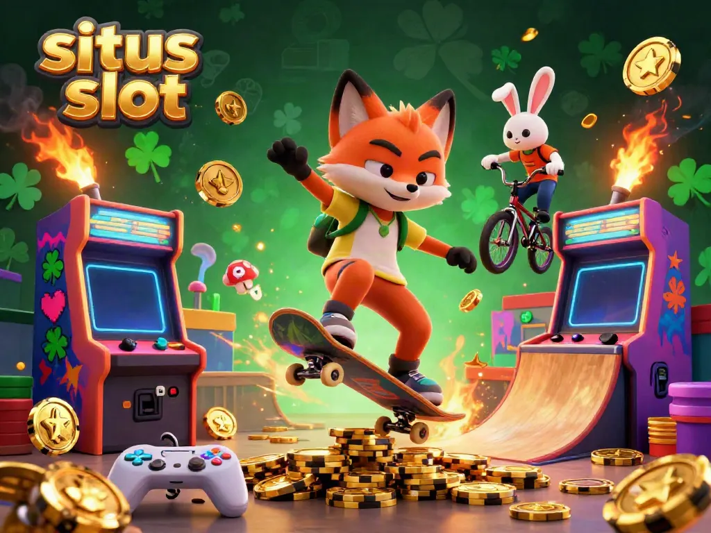 Experience the excitement of situs slot with a lively 3D scene featuring a fox and rabbit in a colorful casino gaming world.