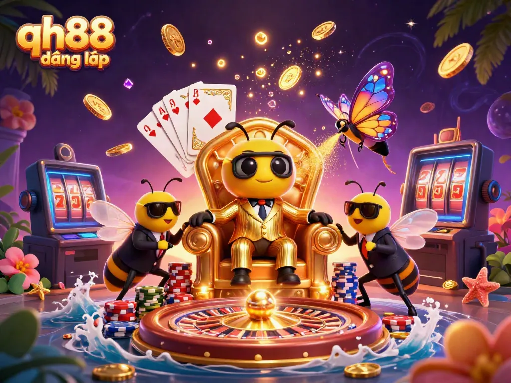 Engage in thrilling games with qh88 đăng nhập, featuring a vibrant casino scene of characters and dynamic gaming elements.
