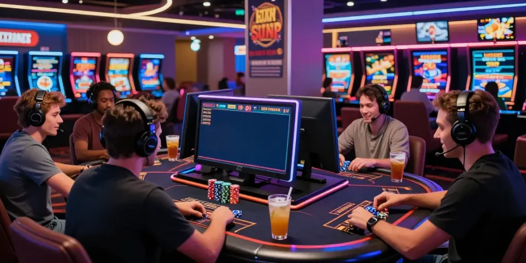 Engaged players at a high-tech gaming station at RED88™ online casino, showcasing excitement and modern design.