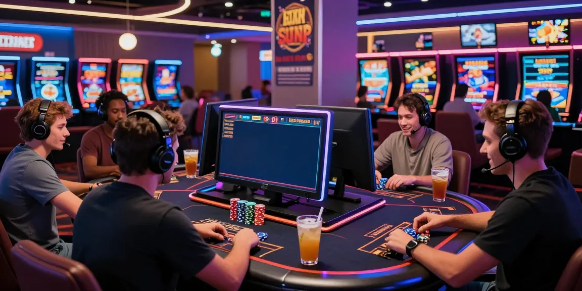 Engaged players at a high-tech gaming station at RED88™ online casino, showcasing excitement and modern design.