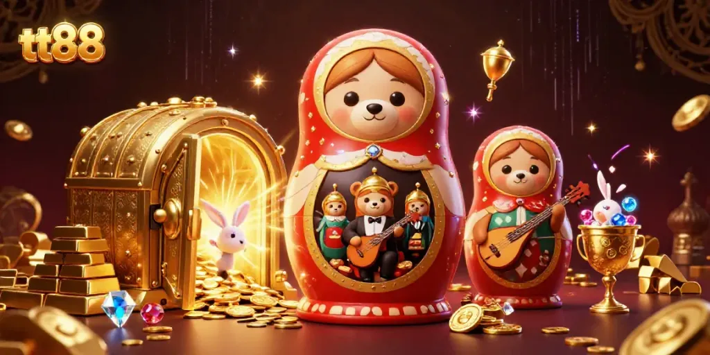 Spin the reels at tt88, featuring a vibrant 3D scene of cheerful Russian dolls and exquisite casino treasures.