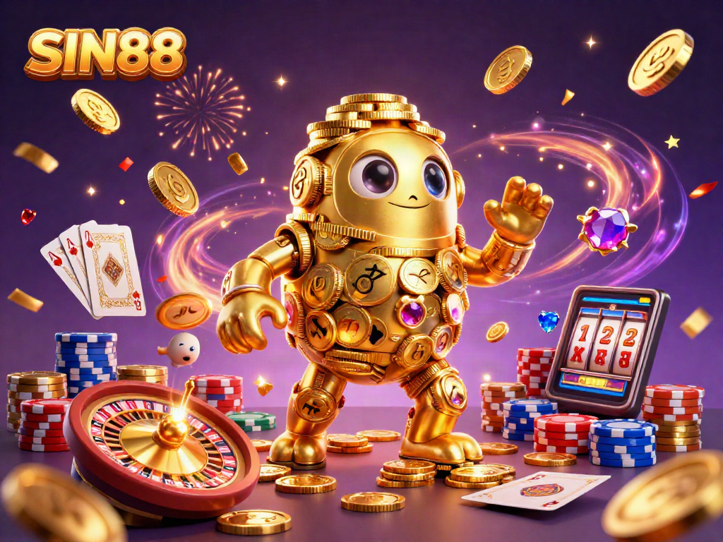 SIN88 casino scene with a golden golem, sparkling jewels, and dynamic casino elements creating excitement