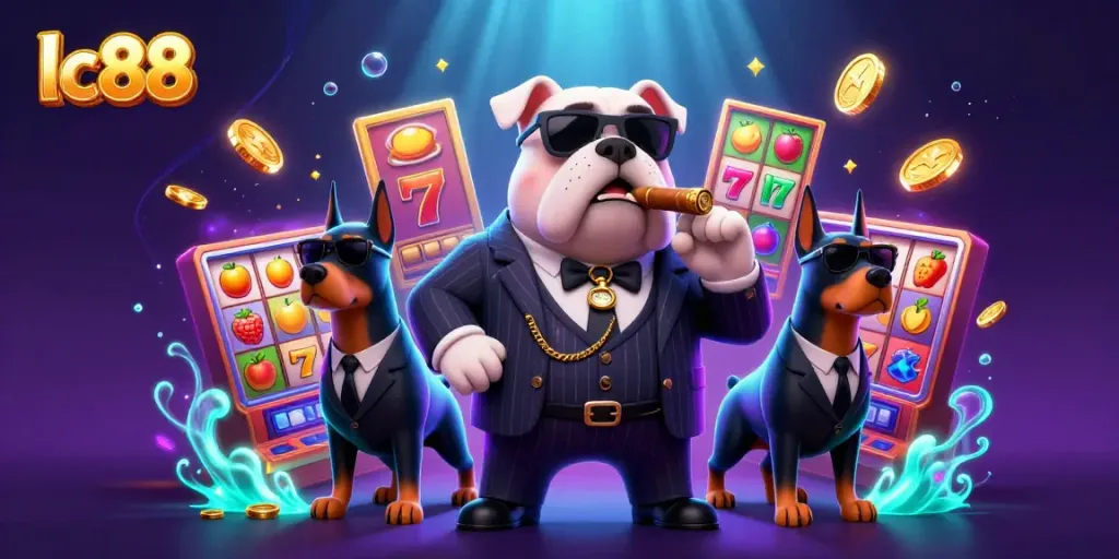 Witness lc88’s exciting casino world with a mafia bulldog boss surrounded by jackpots and games.