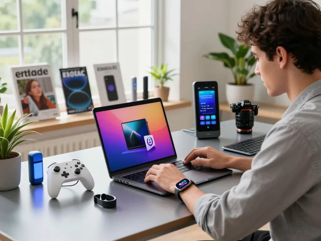 Explore the latest tech gadgets 2043 in a sleek workspace featuring innovative Bluetooth devices and a modern aesthetic.