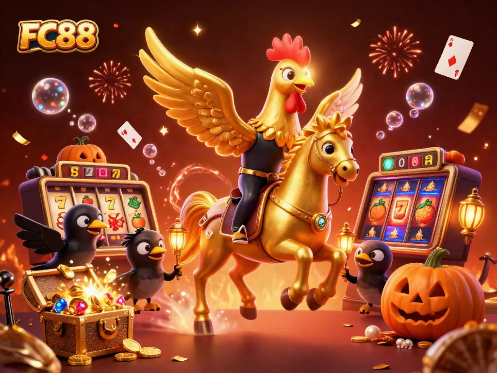 Engage with the vibrant world of FC88 casino, featuring a golden rooster and playful crows amidst lively slot machines in a mystical setting.