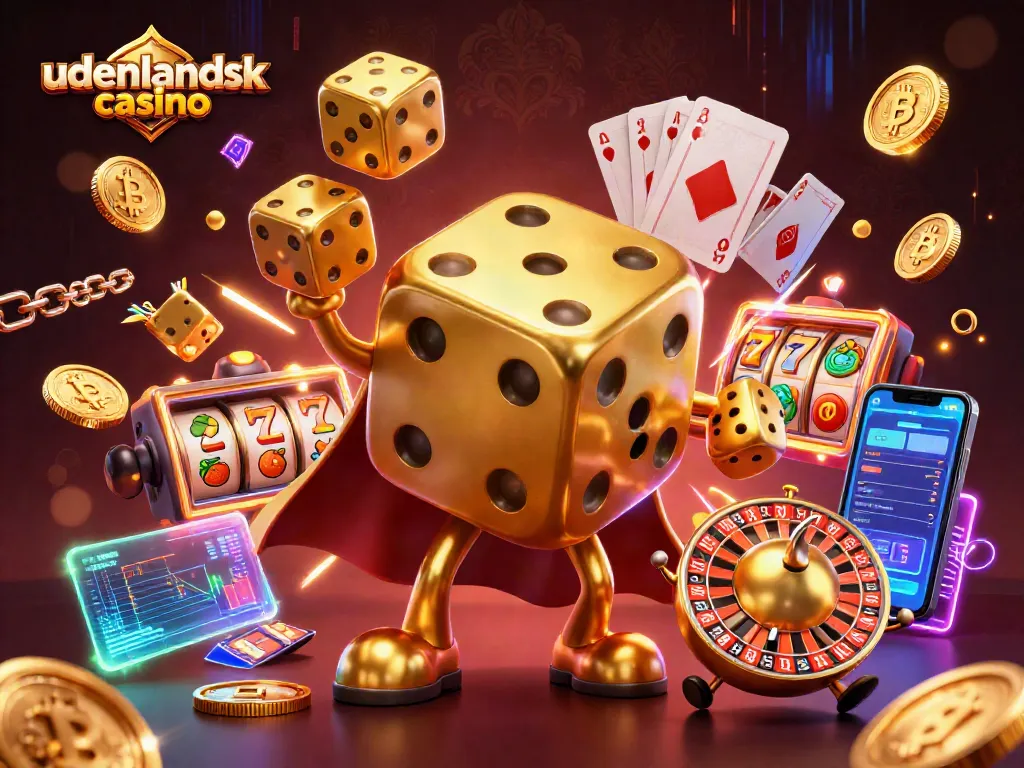 Engage with udenlandsk casino excitement through a vibrant 3D illustration featuring golden dice and playful game elements.