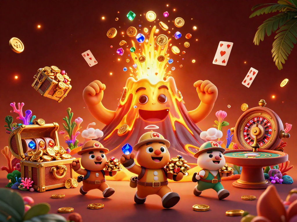 Experience safew's thrilling jackpot moment with exploding treasures and a victorious volcano in a vibrant casino scene.