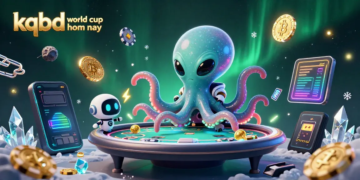 Engage with the kqbd world cup hom nay, featuring an alien octopus at a holographic poker table surrounded by cosmic elements.