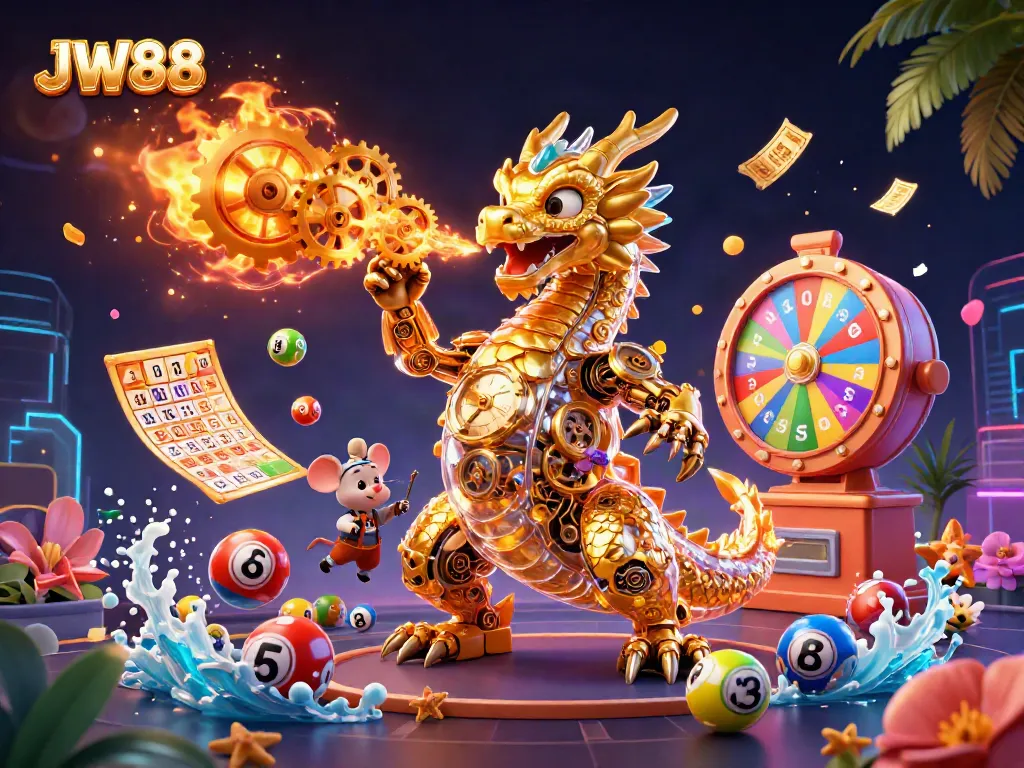 Engage with JW88's vibrant scene featuring a golden dragon and lottery elements in a dynamic casino environment.