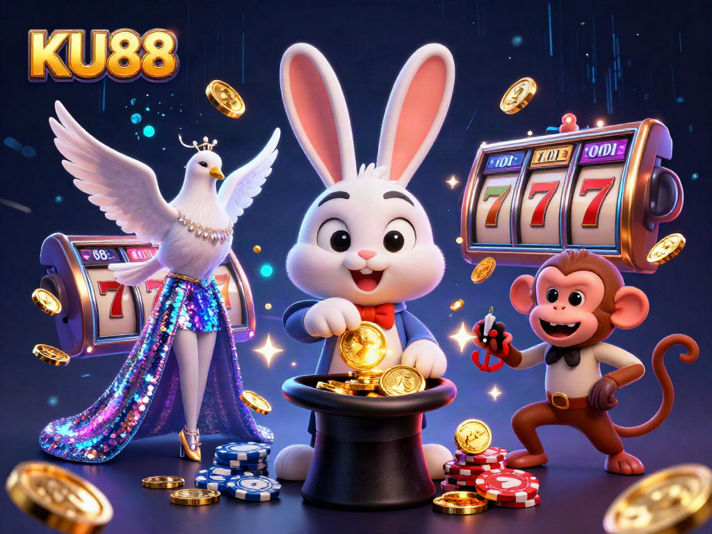 Spin and win with KU88 featuring a magician rabbit and vibrant casino elements!