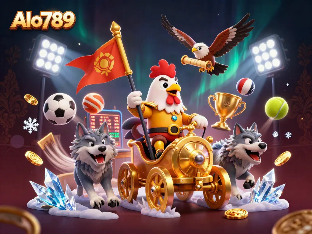 Alo789 defines thrilling gaming with a rooster warlord leading an energetic sports betting scene.
