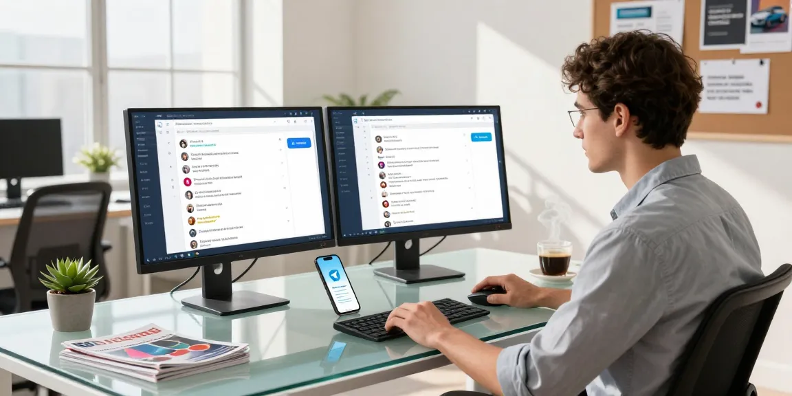 Download Telegram interface displayed on dual monitors in a modern workspace with coffee and tech elements.