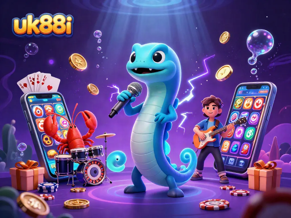 uk88i illustrates an underwater casino scene with a DJ electric eel and vibrant games.