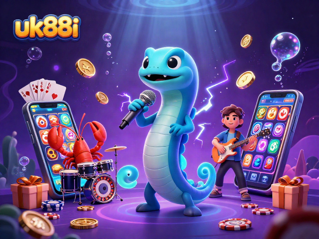 uk88i illustrates an underwater casino scene with a DJ electric eel and vibrant games.