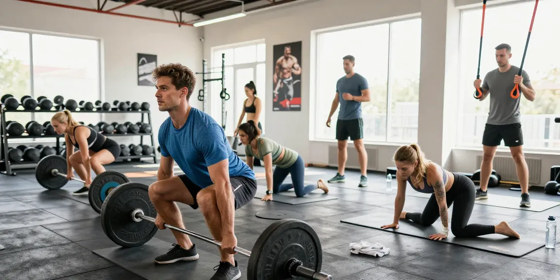 Prime Pharma Steroïden Winkel met sporters die actief trainen in een moderne sportschool, met apparatuur en natuurlijke verlichting.