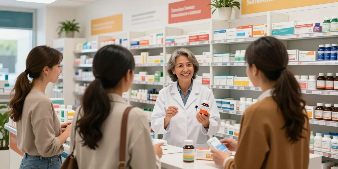 Bezoek aan Unique Pharma Shop met een behulpzame apotheker die gezondheidsproducten uitlegt aan klanten.